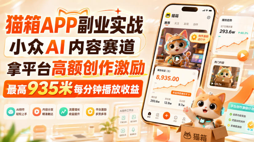 猫箱APP副业实战，小众AI内容赛道，拿平台高额创作激励，最高935米每分钟播放收益瀚萌资源网-网赚网-网赚项目网-虚拟资源网-国学资源网-易学资源网-本站有全网最新网赚项目-易学课程资源-中医课程资源的在线下载网站！瀚萌资源网