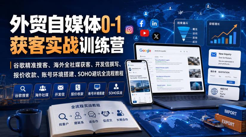 外贸自媒体0-1获客实战训练营｜谷歌精准搜客、海外全社媒获客、开发信撰写、报价收款、账号环境搭建、SOHO避坑全流程教程瀚萌资源网-网赚网-网赚项目网-虚拟资源网-国学资源网-易学资源网-本站有全网最新网赚项目-易学课程资源-中医课程资源的在线下载网站！瀚萌资源网