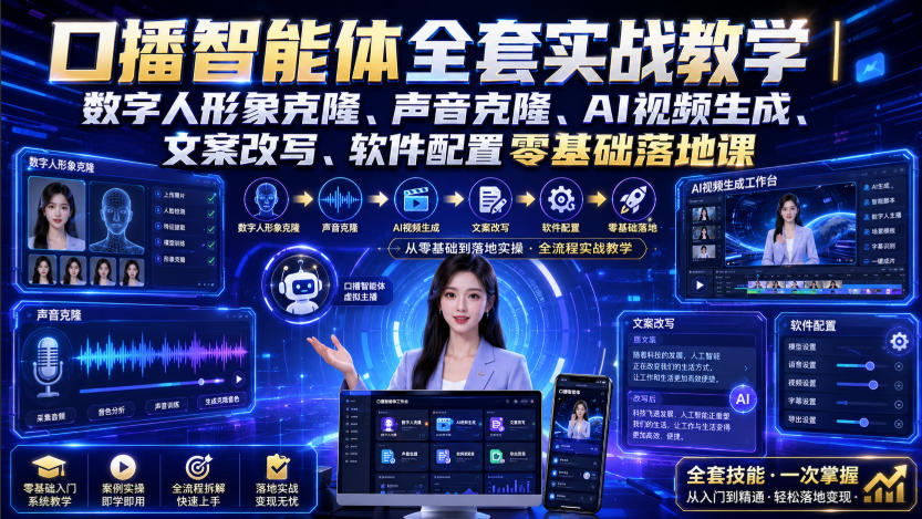 口播智能体全套实战教学｜数字人形象克隆、声音克隆、AI视频生成、文案改写、软件配置零基础落地课瀚萌资源网-网赚网-网赚项目网-虚拟资源网-国学资源网-易学资源网-本站有全网最新网赚项目-易学课程资源-中医课程资源的在线下载网站！瀚萌资源网