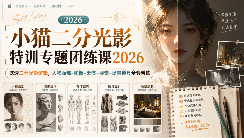 小猫二分光影特训专题团练课2026｜吃透二分光影逻辑，人物面部‑胸像‑素体‑服饰‑场景道具全套带练，高清画质附赠课件与笔刷瀚萌资源网-网赚网-网赚项目网-虚拟资源网-国学资源网-易学资源网-本站有全网最新网赚项目-易学课程资源-中医课程资源的在线下载网站！瀚萌资源网