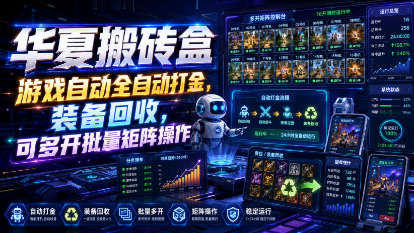 华夏搬砖盒，游戏自动全自动打金，装备回收，可多开批量矩阵操作瀚萌资源网-网赚网-网赚项目网-虚拟资源网-国学资源网-易学资源网-本站有全网最新网赚项目-易学课程资源-中医课程资源的在线下载网站！瀚萌资源网