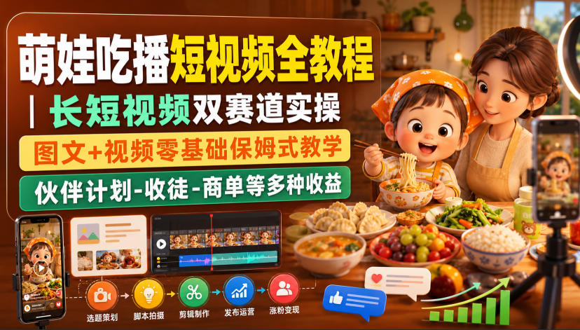 萌娃吃播短视频全教程｜长短视频双赛道实操，图文+视频零基础保姆式教学，伙伴计划-收徒-商单等多种变现方式瀚萌资源网-网赚网-网赚项目网-虚拟资源网-国学资源网-易学资源网-本站有全网最新网赚项目-易学课程资源-中医课程资源的在线下载网站！瀚萌资源网