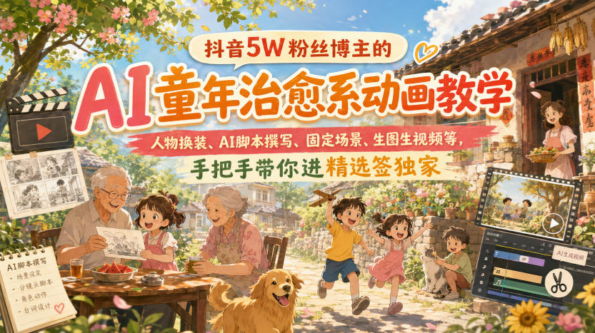 抖音5W粉丝博主的AI童年治愈系动画教学，人物换装、AI脚本撰写、固定场景、生图生视频等，手把手带你进精选签独家瀚萌资源网-网赚网-网赚项目网-虚拟资源网-国学资源网-易学资源网-本站有全网最新网赚项目-易学课程资源-中医课程资源的在线下载网站！瀚萌资源网