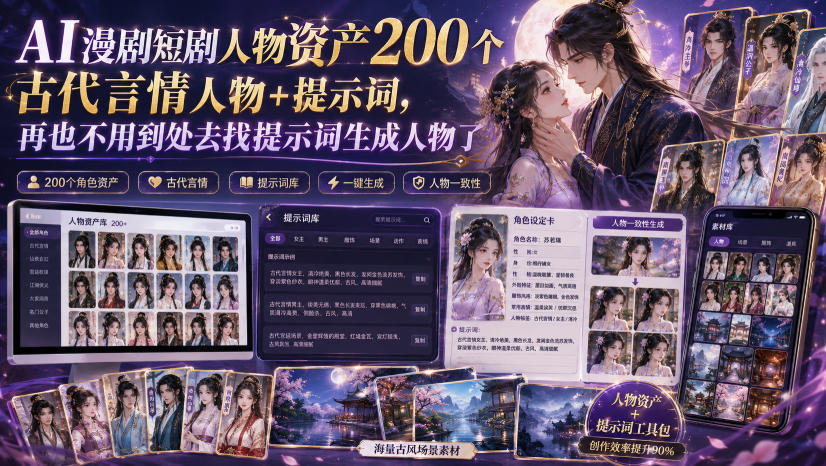 AI漫剧短剧人物资产200个古代言情人物+提示词,再也不用到处去找提示词生成人物了瀚萌资源网-网赚网-网赚项目网-虚拟资源网-国学资源网-易学资源网-本站有全网最新网赚项目-易学课程资源-中医课程资源的在线下载网站!瀚萌资源网