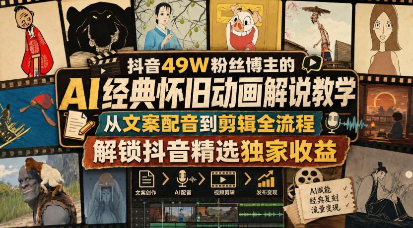 抖音49W粉丝博主的AI经典怀旧动画解说教学，从文案配音到剪辑全流程，解锁抖音精选独家收益瀚萌资源网-网赚网-网赚项目网-虚拟资源网-国学资源网-易学资源网-本站有全网最新网赚项目-易学课程资源-中医课程资源的在线下载网站！瀚萌资源网