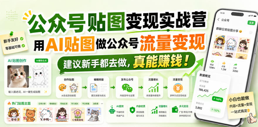公众号贴图变现实战营，用AI贴图做公众号流量变现，建议新手都去做，真能賺钱！瀚萌资源网-网赚网-网赚项目网-虚拟资源网-国学资源网-易学资源网-本站有全网最新网赚项目-易学课程资源-中医课程资源的在线下载网站！瀚萌资源网
