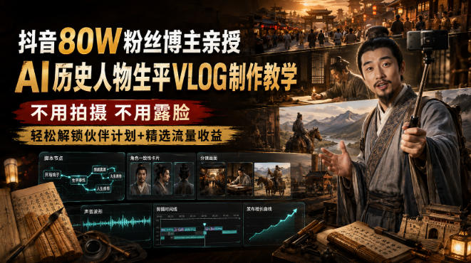 抖音80W粉丝博主的AI历史人物生平VLOG教学，不用拍摄不用露脸，AI帮你搞定，轻松解锁伙伴计划+精选收益瀚萌资源网-网赚网-网赚项目网-虚拟资源网-国学资源网-易学资源网-本站有全网最新网赚项目-易学课程资源-中医课程资源的在线下载网站！瀚萌资源网