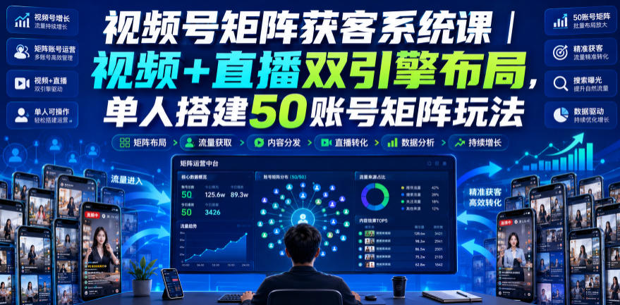 视频号矩阵获客系统课｜视频+直播双引擎布局，单人搭建50账号矩阵玩法，流量入池、搜索占位、全域引流沉淀私域全流程教学瀚萌资源网-网赚网-网赚项目网-虚拟资源网-国学资源网-易学资源网-本站有全网最新网赚项目-易学课程资源-中医课程资源的在线下载网站！瀚萌资源网