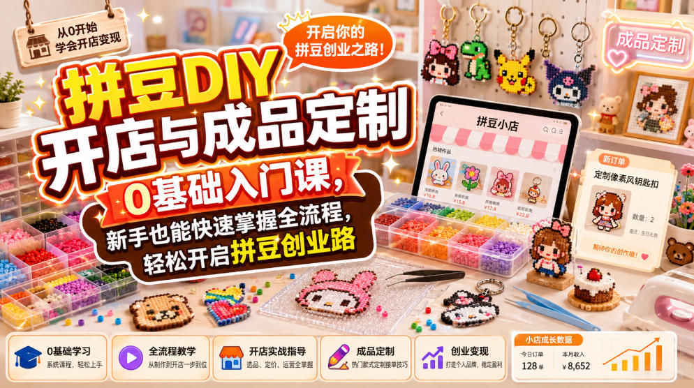 拼豆DIY开店与成品定制0基础入门课，新手也能快速掌握全流程，轻松开启拼豆创业路瀚萌资源网-网赚网-网赚项目网-虚拟资源网-国学资源网-易学资源网-本站有全网最新网赚项目-易学课程资源-中医课程资源的在线下载网站！瀚萌资源网