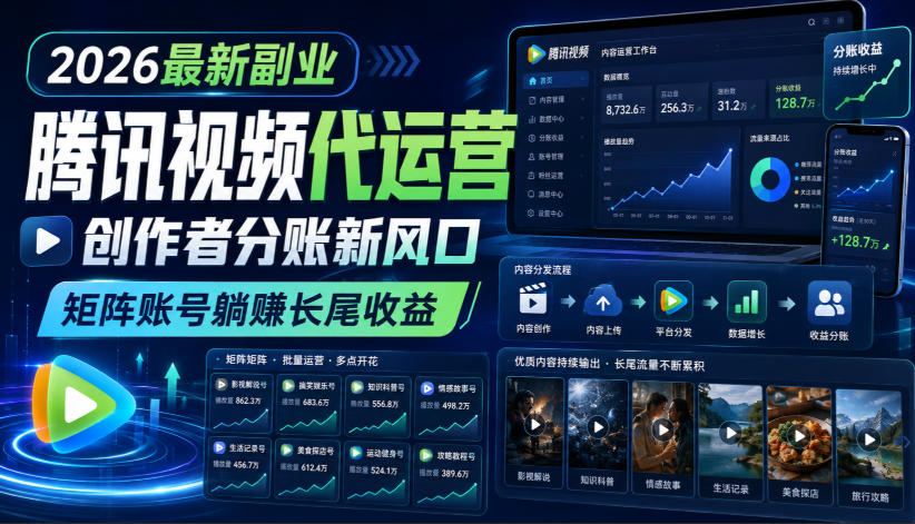2026最新副业之腾讯视频代运营：创作者分账新风口，矩阵账号躺賺长尾收益【揭秘】瀚萌资源网-网赚网-网赚项目网-虚拟资源网-国学资源网-易学资源网-本站有全网最新网赚项目-易学课程资源-中医课程资源的在线下载网站！瀚萌资源网