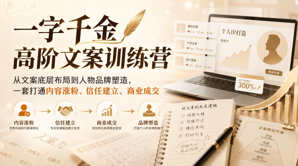 一字千金高阶文案训练营，从文案底层布局到人物品牌塑造，一套打通内容涨粉、信任建立、商业成交瀚萌资源网-网赚网-网赚项目网-虚拟资源网-国学资源网-易学资源网-本站有全网最新网赚项目-易学课程资源-中医课程资源的在线下载网站！瀚萌资源网