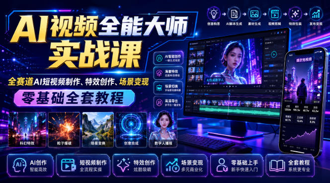 AI视频全能大师实战课｜全赛道AI短视频制作、特效创作、场景变现零基础全套教程瀚萌资源网-网赚网-网赚项目网-虚拟资源网-国学资源网-易学资源网-本站有全网最新网赚项目-易学课程资源-中医课程资源的在线下载网站！瀚萌资源网