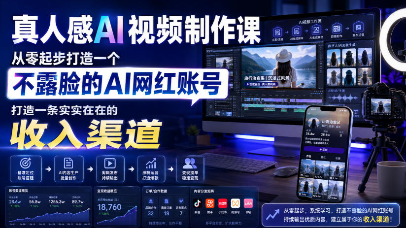 真人感AI视频制作课，从零起步打造一个不露脸的AI网红账号，打造一条实实在在的收入渠道【原创双语字幕】瀚萌资源网-网赚网-网赚项目网-虚拟资源网-国学资源网-易学资源网-本站有全网最新网赚项目-易学课程资源-中医课程资源的在线下载网站！瀚萌资源网