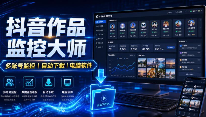 抖音作品监控大师，多账号监控丨自动下载丨电脑软件瀚萌资源网-网赚网-网赚项目网-虚拟资源网-国学资源网-易学资源网-本站有全网最新网赚项目-易学课程资源-中医课程资源的在线下载网站！瀚萌资源网