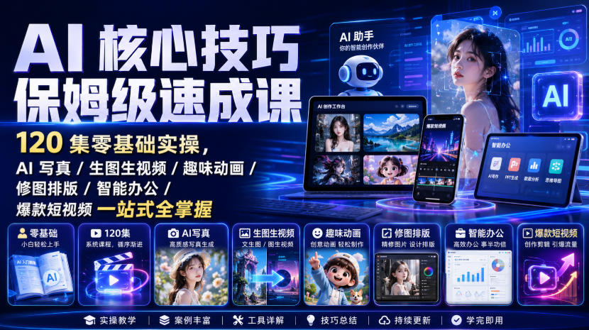 AI核心技巧保姆级速成课｜120集零基础实操，AI写真/生图生视频/趣味动画/修图排版/智能办公/爆款短视频一站式全掌握瀚萌资源网-网赚网-网赚项目网-虚拟资源网-国学资源网-易学资源网-本站有全网最新网赚项目-易学课程资源-中医课程资源的在线下载网站！瀚萌资源网