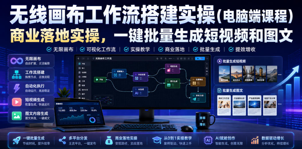 无线画布工作流搭建实操（电脑端课程），商业落地实操，一键批量生成短视频和图文瀚萌资源网-网赚网-网赚项目网-虚拟资源网-国学资源网-易学资源网-本站有全网最新网赚项目-易学课程资源-中医课程资源的在线下载网站！瀚萌资源网
