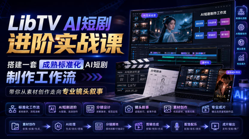 LibTV AI短剧进阶实战课，搭建一套成熟标准化AI短剧制作工作流，带你从素材创作走向专业镜头叙事瀚萌资源网-网赚网-网赚项目网-虚拟资源网-国学资源网-易学资源网-本站有全网最新网赚项目-易学课程资源-中医课程资源的在线下载网站！瀚萌资源网