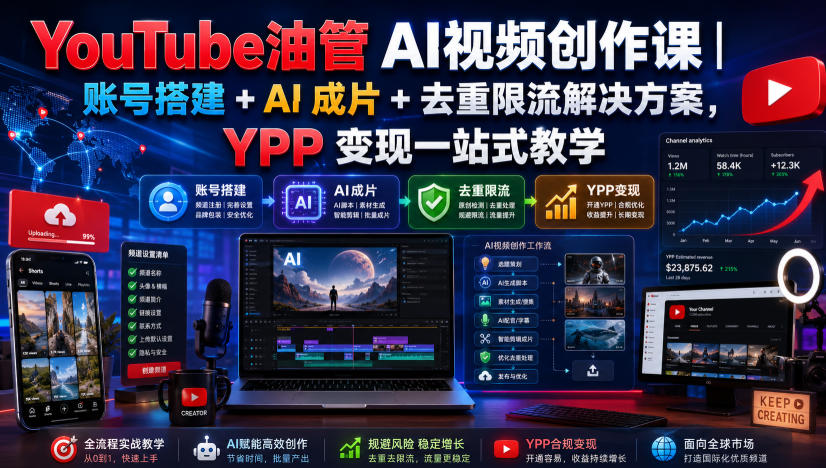 YouTube油管AI视频创作课｜账号搭建+AI成片+去重限流解决方案，YPP变现一站式教学瀚萌资源网-网赚网-网赚项目网-虚拟资源网-国学资源网-易学资源网-本站有全网最新网赚项目-易学课程资源-中医课程资源的在线下载网站！瀚萌资源网