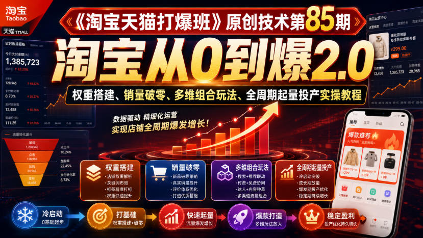 《淘宝天猫打爆班》原创技术第85期，淘宝从0到爆2.0，权重搭建、销量破零、多维组合玩法、全周期起量投产实操教程瀚萌资源网-网赚网-网赚项目网-虚拟资源网-国学资源网-易学资源网-本站有全网最新网赚项目-易学课程资源-中医课程资源的在线下载网站！瀚萌资源网