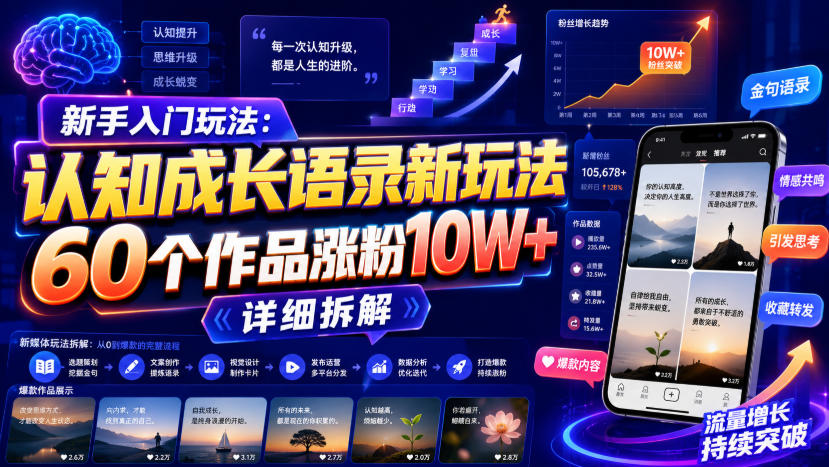 新手入门玩法：认知成长语录新玩法，60个作品涨粉10W+，详细拆解瀚萌资源网-网赚网-网赚项目网-虚拟资源网-国学资源网-易学资源网-本站有全网最新网赚项目-易学课程资源-中医课程资源的在线下载网站！瀚萌资源网