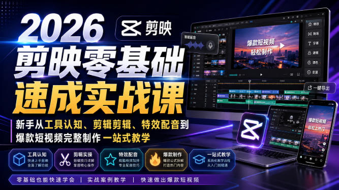 2026剪映零基础速成实战课｜新手从工具认知、剪辑剪辑、特效配音到爆款短视频完整制作一站式教学瀚萌资源网-网赚网-网赚项目网-虚拟资源网-国学资源网-易学资源网-本站有全网最新网赚项目-易学课程资源-中医课程资源的在线下载网站！瀚萌资源网