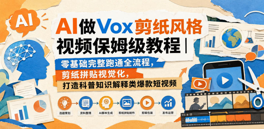 AI做Vox剪纸风格视频保姆级教程｜零基础完整跑通全流程，剪纸拼贴视觉化，打造科普知识解释类爆款短视频瀚萌资源网-网赚网-网赚项目网-虚拟资源网-国学资源网-易学资源网-本站有全网最新网赚项目-易学课程资源-中医课程资源的在线下载网站！瀚萌资源网