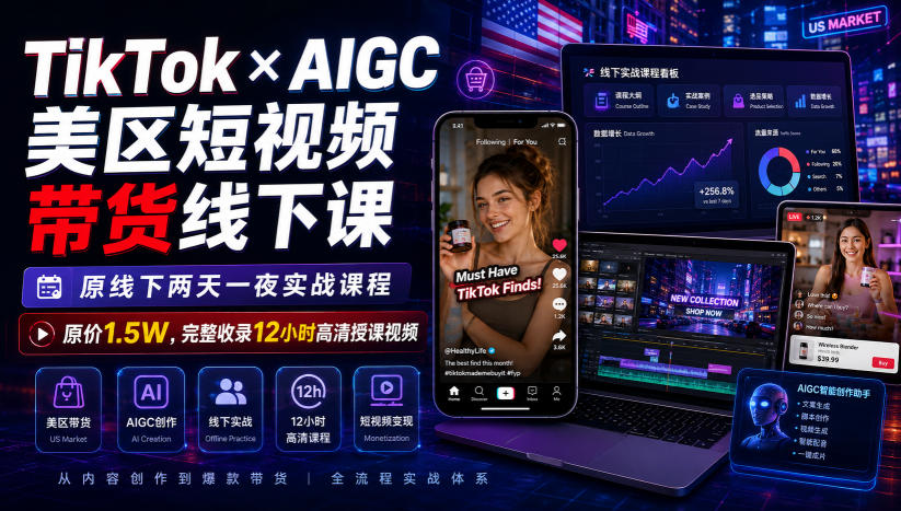 TikTok×AIGC美区短视频带货线下课，原线下两天一夜实战课程，原价1.5W，完整收录12小时高清授课视频瀚萌资源网-网赚网-网赚项目网-虚拟资源网-国学资源网-易学资源网-本站有全网最新网赚项目-易学课程资源-中医课程资源的在线下载网站！瀚萌资源网