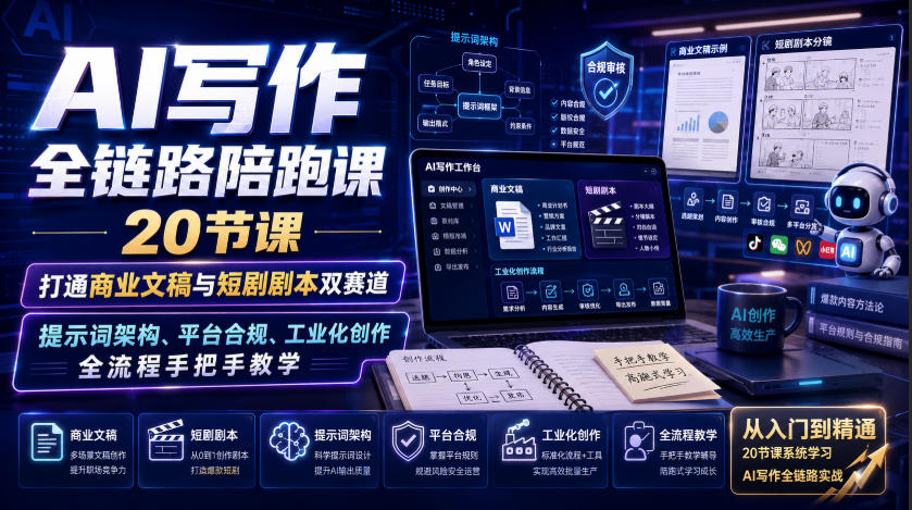 AI写作全链路陪跑课｜20节课打通商业文稿与短剧剧本双赛道，提示词架构、平台合规、工业化创作全流程手把手教学瀚萌资源网-网赚网-网赚项目网-虚拟资源网-国学资源网-易学资源网-本站有全网最新网赚项目-易学课程资源-中医课程资源的在线下载网站！瀚萌资源网