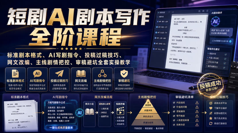 短剧AI剧本写作全阶课程｜标准剧本格式、AI写剧指令、投稿过稿技巧、网文改编、主线剧情把控、审稿避坑全套实操教学瀚萌资源网-网赚网-网赚项目网-虚拟资源网-国学资源网-易学资源网-本站有全网最新网赚项目-易学课程资源-中医课程资源的在线下载网站！瀚萌资源网