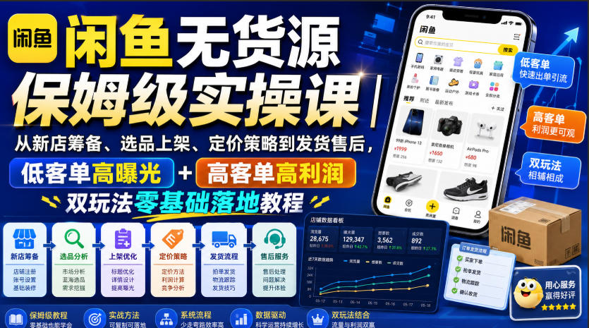 闲鱼无货源保姆级实操课｜从新店筹备、选品上架、定价策略到发货售后，低客单高曝光+高客单高利润双玩法零基础落地教程瀚萌资源网-网赚网-网赚项目网-虚拟资源网-国学资源网-易学资源网-本站有全网最新网赚项目-易学课程资源-中医课程资源的在线下载网站！瀚萌资源网