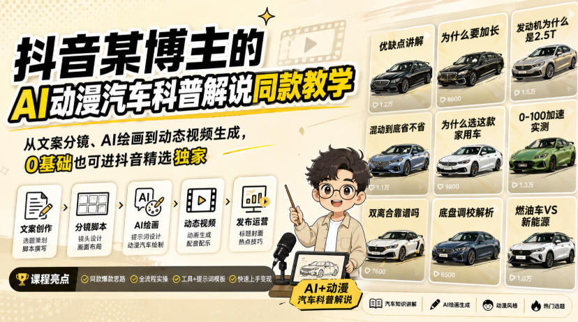 抖音某博主的AI动漫汽车科普解说同款教学，从文案分镜、AI绘画到动态视频生成，0基础解锁抖音精选独家收益瀚萌资源网-网赚网-网赚项目网-虚拟资源网-国学资源网-易学资源网-本站有全网最新网赚项目-易学课程资源-中医课程资源的在线下载网站！瀚萌资源网