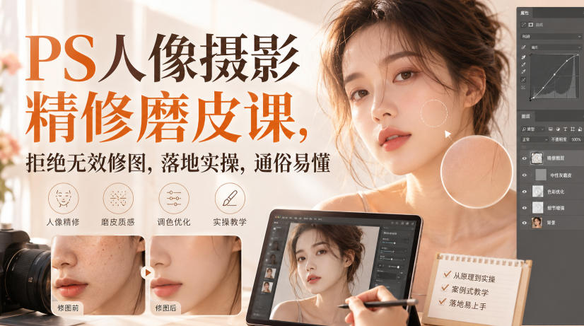 PS人像摄影精修磨皮课，拒绝无效修图，落地实操，通俗易懂瀚萌资源网-网赚网-网赚项目网-虚拟资源网-国学资源网-易学资源网-本站有全网最新网赚项目-易学课程资源-中医课程资源的在线下载网站！瀚萌资源网