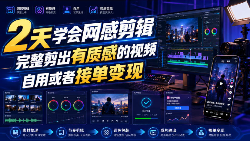 2天学会网感剪辑，完整剪出有质感的视频，自用或者接单变现瀚萌资源网-网赚网-网赚项目网-虚拟资源网-国学资源网-易学资源网-本站有全网最新网赚项目-易学课程资源-中医课程资源的在线下载网站！瀚萌资源网