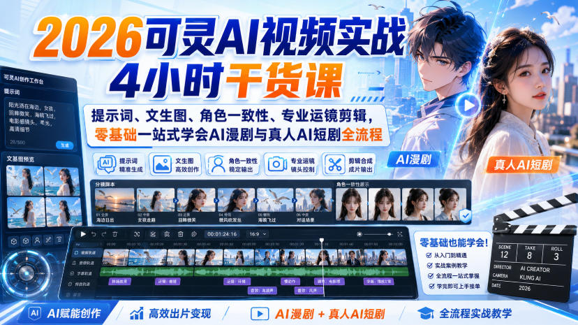 2026可灵AI视频实战4小时干货课｜提示词、文生图、角色一致性、专业运镜剪辑，零基础一站式学会AI漫剧与真人AI短剧全流程瀚萌资源网-网赚网-网赚项目网-虚拟资源网-国学资源网-易学资源网-本站有全网最新网赚项目-易学课程资源-中医课程资源的在线下载网站！瀚萌资源网