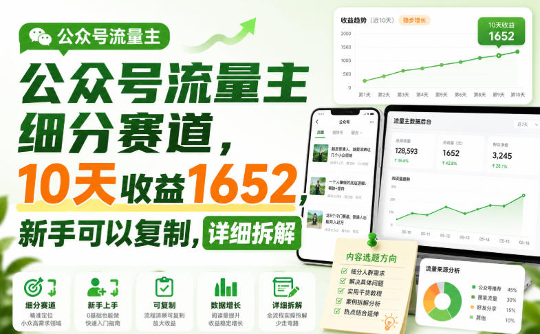 公众号流量主细分赛道，10天收益1652，新手可以复制，详细拆解瀚萌资源网-网赚网-网赚项目网-虚拟资源网-国学资源网-易学资源网-本站有全网最新网赚项目-易学课程资源-中医课程资源的在线下载网站！瀚萌资源网