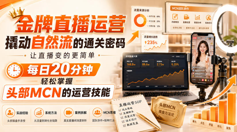 金牌直播运营撬动自然流的通关密码，让直播变的更简单，每日20分钟，轻松掌握头部MCN的运营技能瀚萌资源网-网赚网-网赚项目网-虚拟资源网-国学资源网-易学资源网-本站有全网最新网赚项目-易学课程资源-中医课程资源的在线下载网站！瀚萌资源网