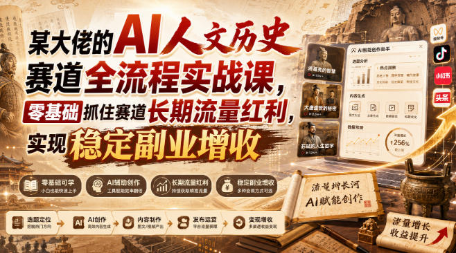 某大佬的AI人文历史赛道全流程实战课，零基础抓住赛道长期流量红利，实现稳定副业增收瀚萌资源网-网赚网-网赚项目网-虚拟资源网-国学资源网-易学资源网-本站有全网最新网赚项目-易学课程资源-中医课程资源的在线下载网站！瀚萌资源网