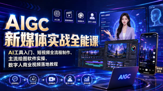 AIGC新媒体实战全能课｜AI工具入门、短视频全流程制作、主流绘图软件实操、数字人商业视频落地教程瀚萌资源网-网赚网-网赚项目网-虚拟资源网-国学资源网-易学资源网-本站有全网最新网赚项目-易学课程资源-中医课程资源的在线下载网站！瀚萌资源网