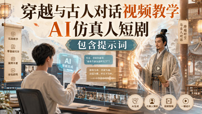 穿越与古人对话视频教学，AI仿真人短剧，包含提示词瀚萌资源网-网赚网-网赚项目网-虚拟资源网-国学资源网-易学资源网-本站有全网最新网赚项目-易学课程资源-中医课程资源的在线下载网站！瀚萌资源网