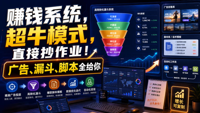 賺钱系统，超牛模式，直接抄作业！广告、漏斗、脚本全给你【原创双语字幕】瀚萌资源网-网赚网-网赚项目网-虚拟资源网-国学资源网-易学资源网-本站有全网最新网赚项目-易学课程资源-中医课程资源的在线下载网站！瀚萌资源网