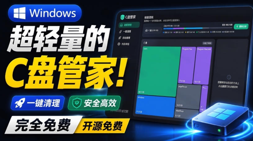 Windows超轻量的C盘管家！超级有特点，支持磁盘分析及清理提醒，2M大小体积，完全免费C盘管家瀚萌资源网-网赚网-网赚项目网-虚拟资源网-国学资源网-易学资源网-本站有全网最新网赚项目-易学课程资源-中医课程资源的在线下载网站！瀚萌资源网