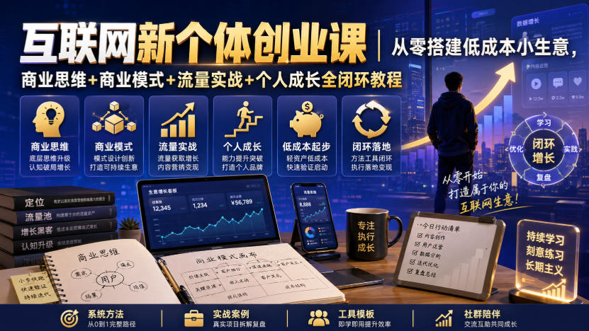 互联网新个体创业课｜从零搭建低成本小生意，商业思维+商业模式+流量实战+个人成长全闭环教程瀚萌资源网-网赚网-网赚项目网-虚拟资源网-国学资源网-易学资源网-本站有全网最新网赚项目-易学课程资源-中医课程资源的在线下载网站！瀚萌资源网