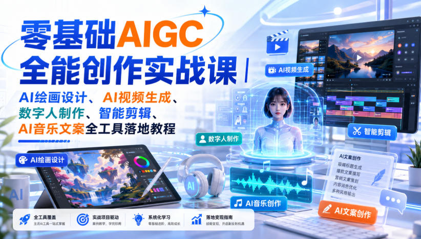 零基础AIGC全能创作实战课｜AI绘画设计、AI视频生成、数字人制作、智能剪辑、AI音乐文案全工具落地教程瀚萌资源网-网赚网-网赚项目网-虚拟资源网-国学资源网-易学资源网-本站有全网最新网赚项目-易学课程资源-中医课程资源的在线下载网站！瀚萌资源网