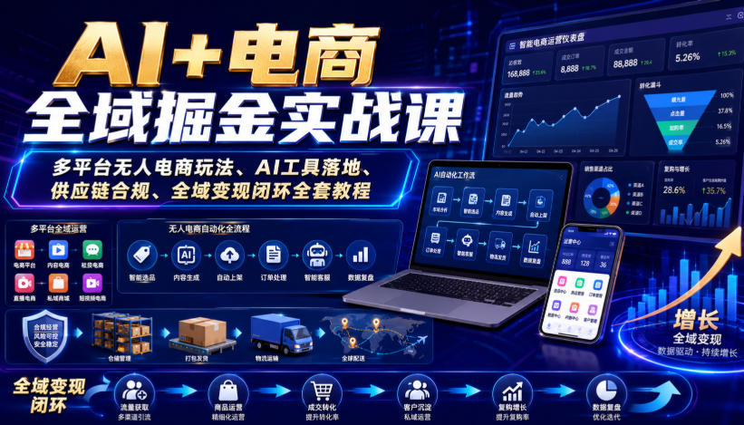 AI+电商全域掘金实战课｜多平台无人电商玩法、AI工具落地、供应链合规、全域变现闭环全套教程瀚萌资源网-网赚网-网赚项目网-虚拟资源网-国学资源网-易学资源网-本站有全网最新网赚项目-易学课程资源-中医课程资源的在线下载网站！瀚萌资源网
