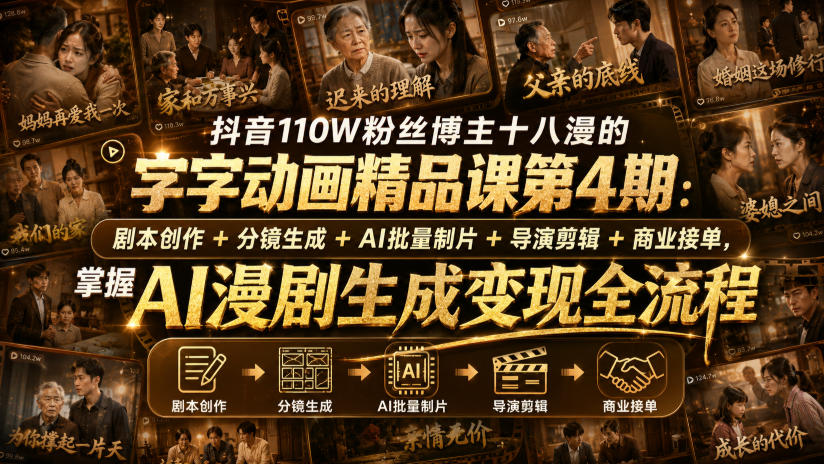 抖音110W粉丝博主十八漫的字字动画精品课第4期：剧本创作+分镜生成+剪辑+商业接单，掌握AI漫剧生成变现全流程瀚萌资源网-网赚网-网赚项目网-虚拟资源网-国学资源网-易学资源网-本站有全网最新网赚项目-易学课程资源-中医课程资源的在线下载网站！瀚萌资源网