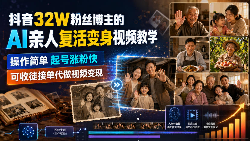 抖音32W粉丝博主的AI亲人复活变身视频教学，操作简单，起号涨粉快，可收徒接单代做视频变现瀚萌资源网-网赚网-网赚项目网-虚拟资源网-国学资源网-易学资源网-本站有全网最新网赚项目-易学课程资源-中医课程资源的在线下载网站！瀚萌资源网