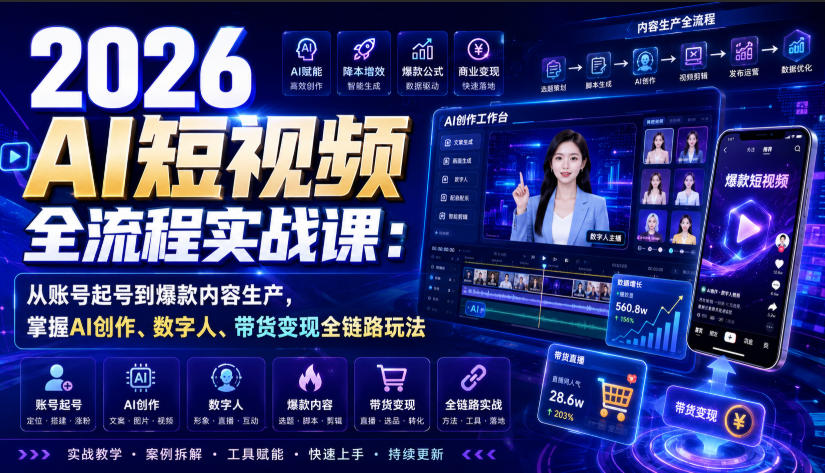 2026 AI短视频全流程实战课：从账号起号到爆款内容生产，掌握AI创作、数字人、带货变现全链路玩法瀚萌资源网-网赚网-网赚项目网-虚拟资源网-国学资源网-易学资源网-本站有全网最新网赚项目-易学课程资源-中医课程资源的在线下载网站！瀚萌资源网