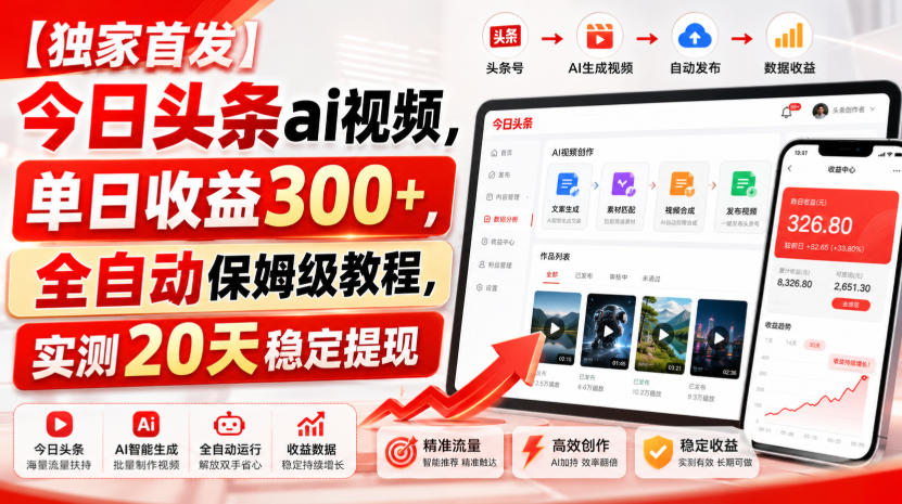 【独家首发】今日头条ai视频，单日收益300+，全自动保姆级教程，实测20天稳定提现【揭秘】瀚萌资源网-网赚网-网赚项目网-虚拟资源网-国学资源网-易学资源网-本站有全网最新网赚项目-易学课程资源-中医课程资源的在线下载网站！瀚萌资源网