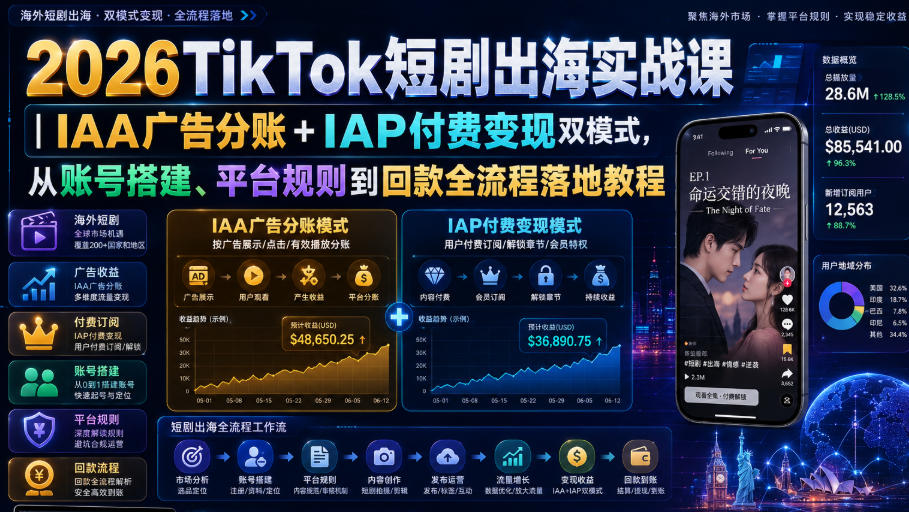 2026TikTok短剧出海实战课｜IAA广告分账+IAP付费变现双模式，从账号搭建、平台规则到回款全流程落地教程瀚萌资源网-网赚网-网赚项目网-虚拟资源网-国学资源网-易学资源网-本站有全网最新网赚项目-易学课程资源-中医课程资源的在线下载网站！瀚萌资源网