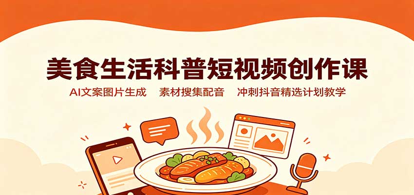 美食生活科普短视频创作课：AI文案图片生成，素材搜集配音，冲刺抖音精选计划教学瀚萌资源网-网赚网-网赚项目网-虚拟资源网-国学资源网-易学资源网-本站有全网最新网赚项目-易学课程资源-中医课程资源的在线下载网站！瀚萌资源网